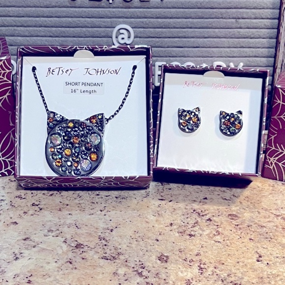 BETSEY JOHNSON Halloween Cat Multi-Stone Necklace & Earrings NWT